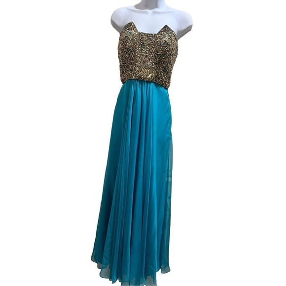 La Femme women’s strapless beaded gold and teal gown, sz 4 prom gala - Picture 2 of 8